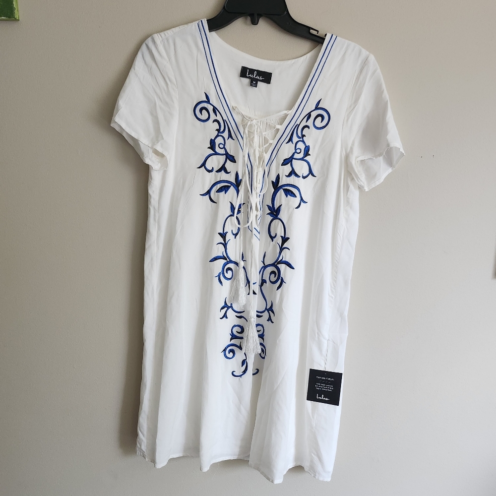 Lulu's White Mini Dress with Blue Embroidery